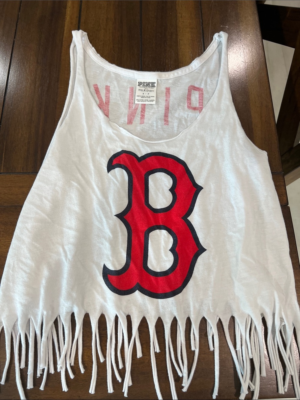 PINK Victoria's Secret White Fringe Tank with Red 'B' Graphic